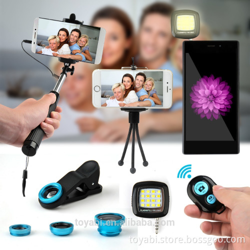 Selfie Stick Monopod Camera Shutter Fill LED 3 in 1 Lens Clip Tripod Bluetooth 3.0 Remote Shutter Control Fill LED Flash